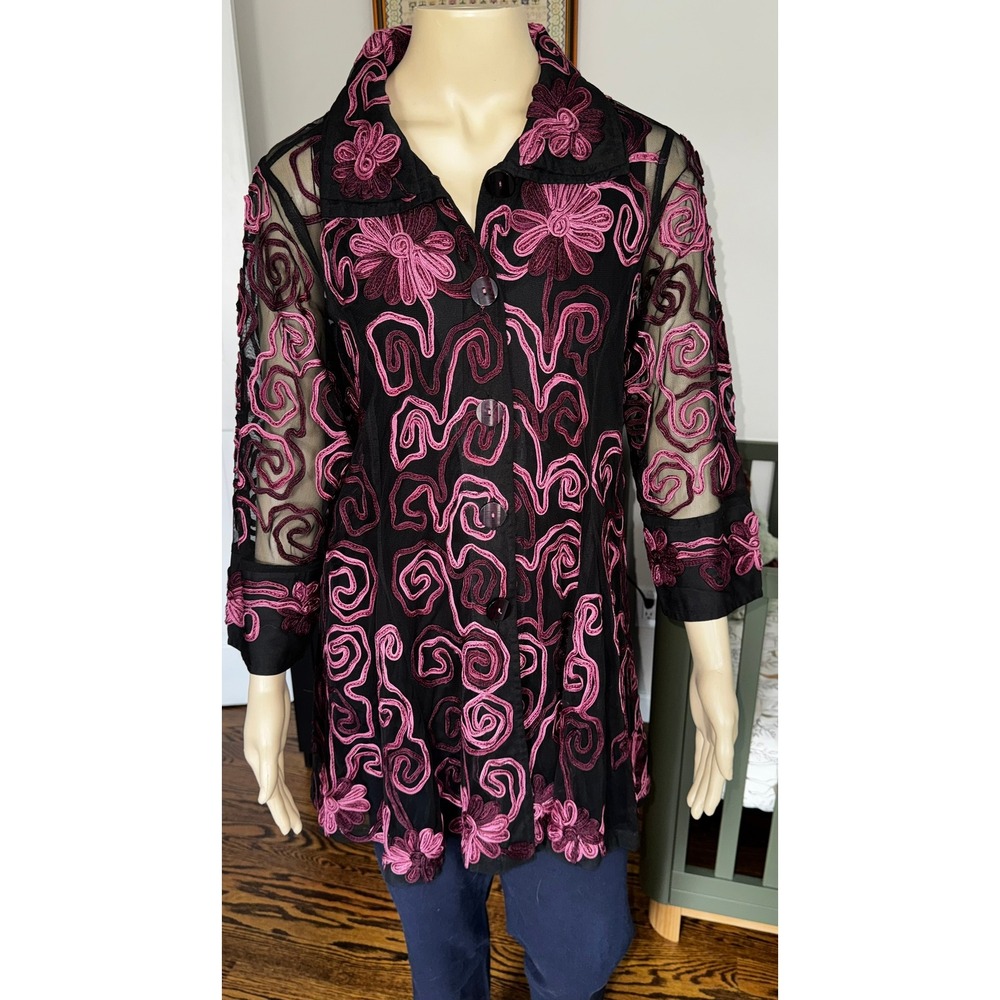 Parsley & Sage XL Black Pink Floral Embroidered Mesh Tunic Button Front Top Art
